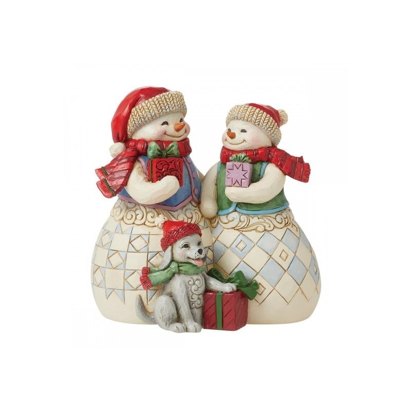 Figurine Couple De Bonhomme De Neige Avec Un Chiot